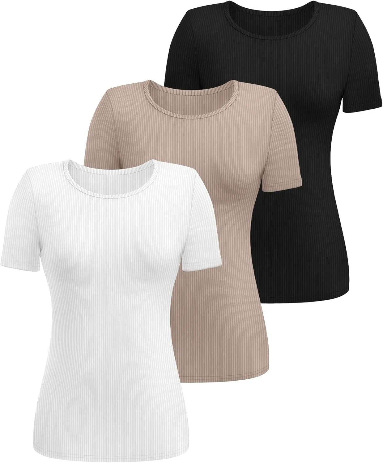 Ficerd 3 Pack Women's Ribbed T-Shirts, Cotton Short Sleeve Basic Tees Crewneck Fitted Tops Casual Shirts 2025 Summer Trendy