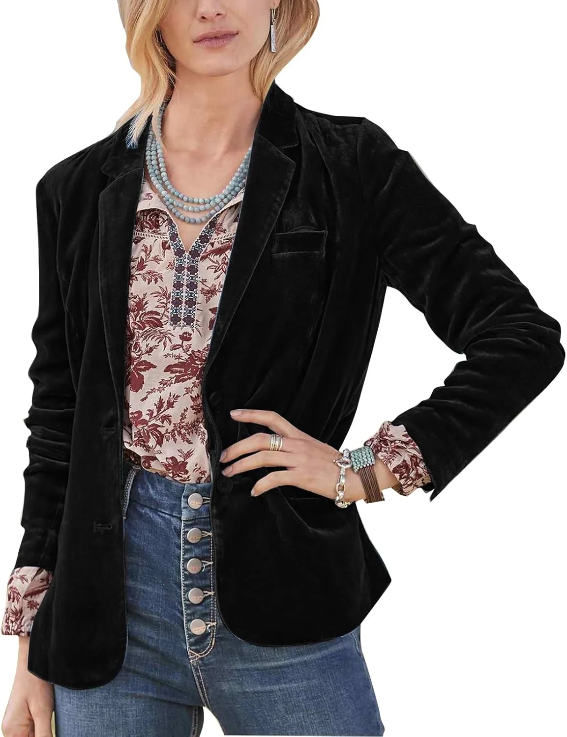 Mintlimit Women's Velvet Blazer Jacket - Long Sleeve V Neck Coat