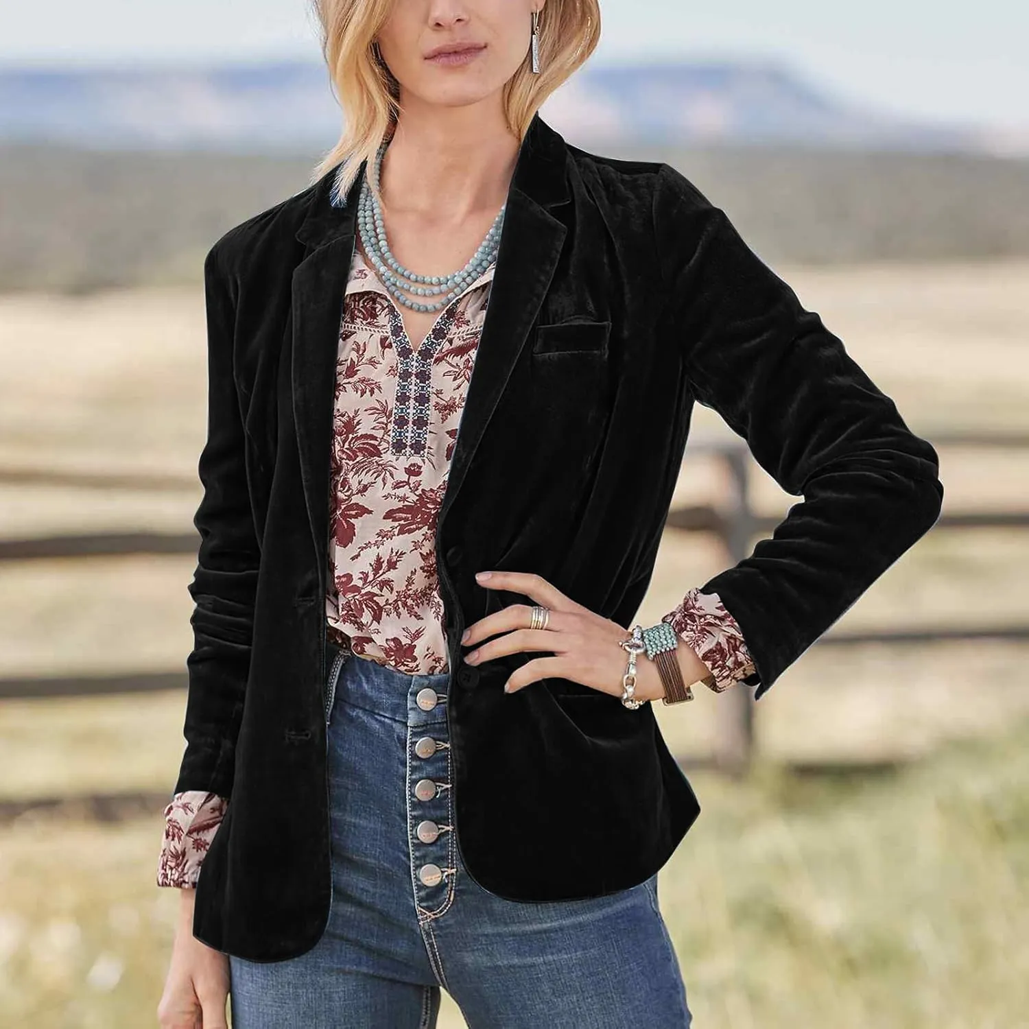 Mintlimit Women's Velvet Blazer Jacket - Long Sleeve V Neck Coat