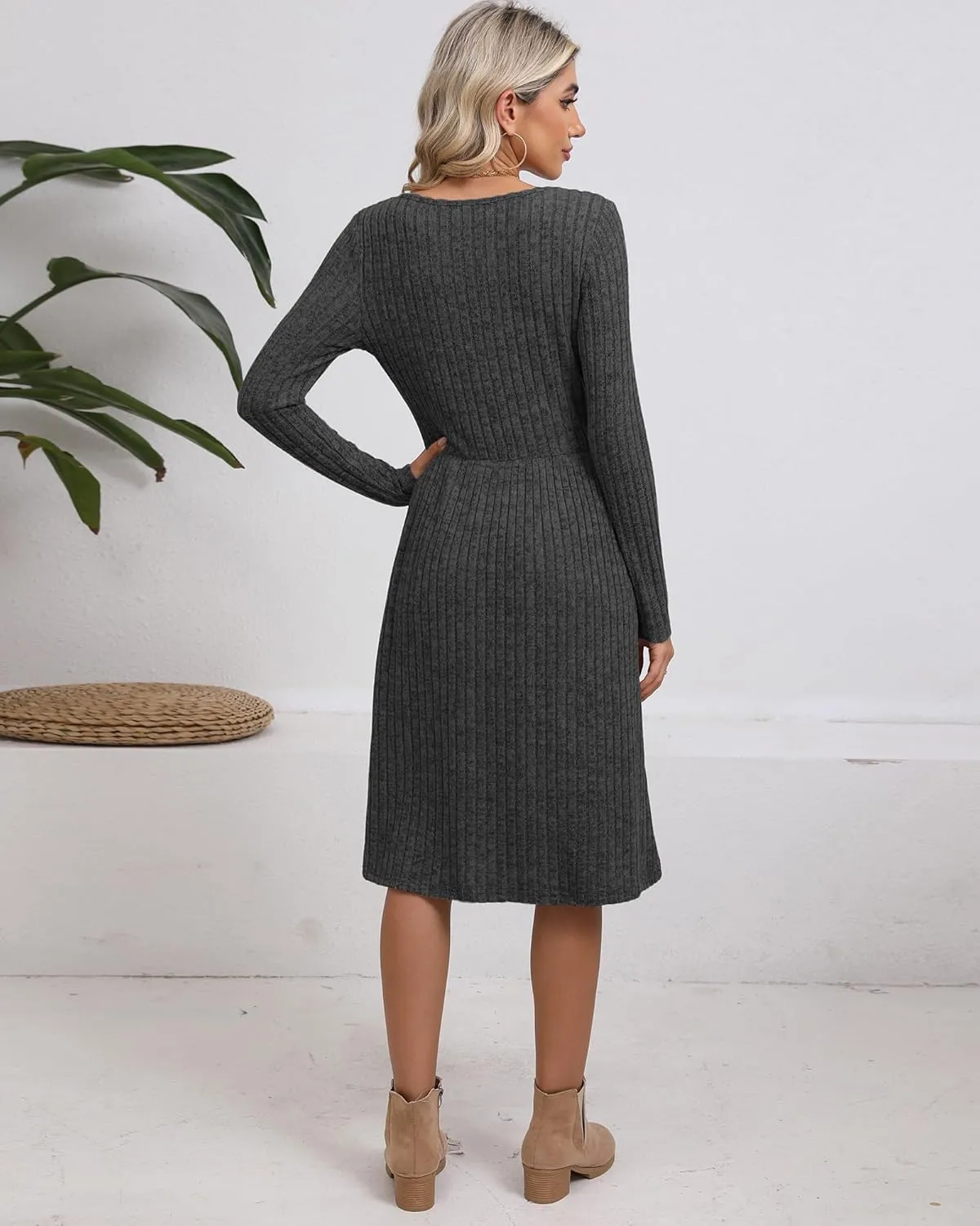 Riyiper 2 Pack Women's Long Sleeve Sweater Dress Ribbed Pleated Casual Round Neck Knee Length Dress with Pocket