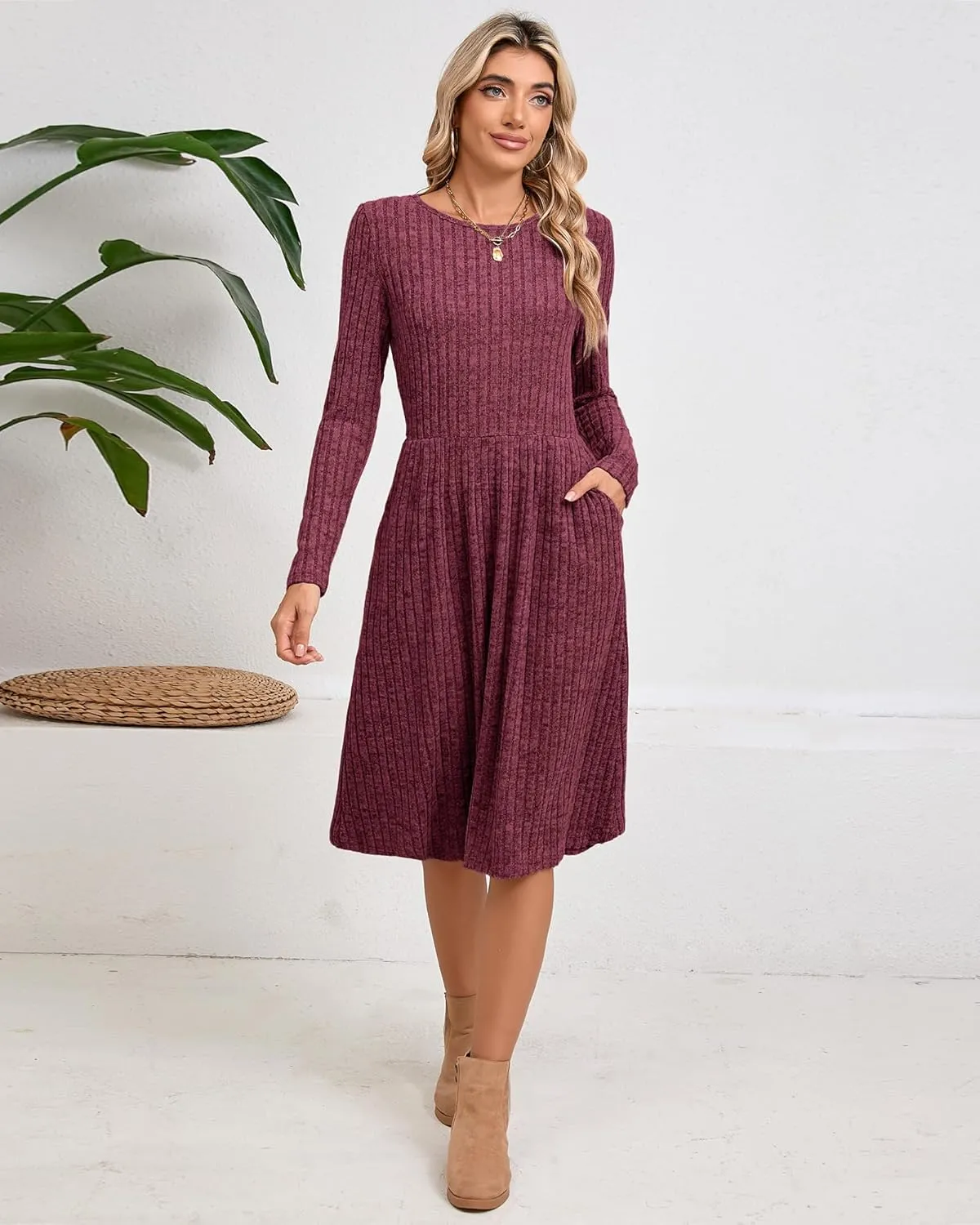 Riyiper 2 Pack Women's Long Sleeve Sweater Dress Ribbed Pleated Casual Round Neck Knee Length Dress with Pocket