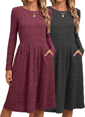 Riyiper 2 Pack Women's Long Sleeve Sweater Dress Ribbed Pleated Casual Round Neck Knee Length Dress with Pocket