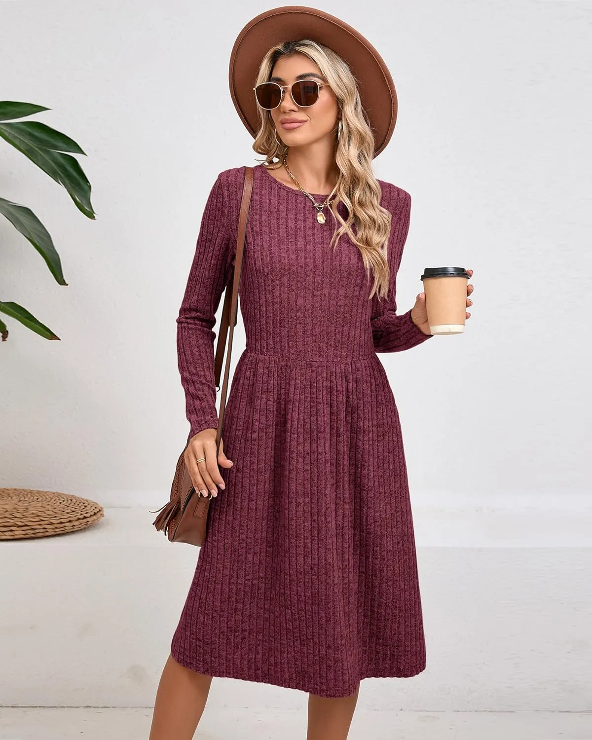 Riyiper 2 Pack Women's Long Sleeve Sweater Dress Ribbed Pleated Casual Round Neck Knee Length Dress with Pocket