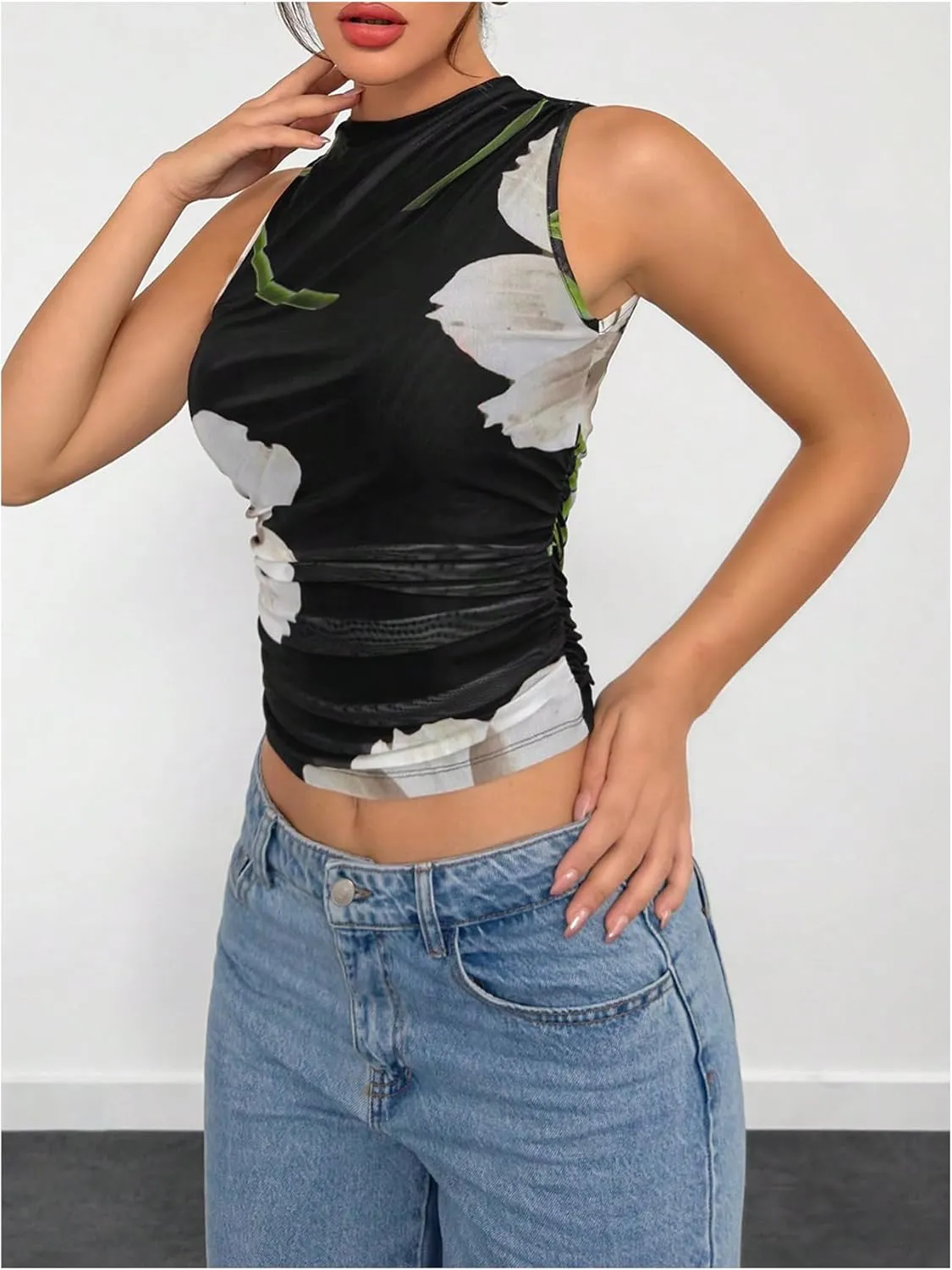 Women's Floral Print Crew Neck Tank Top Sleeveless Mesh Ruched Crop Shirt