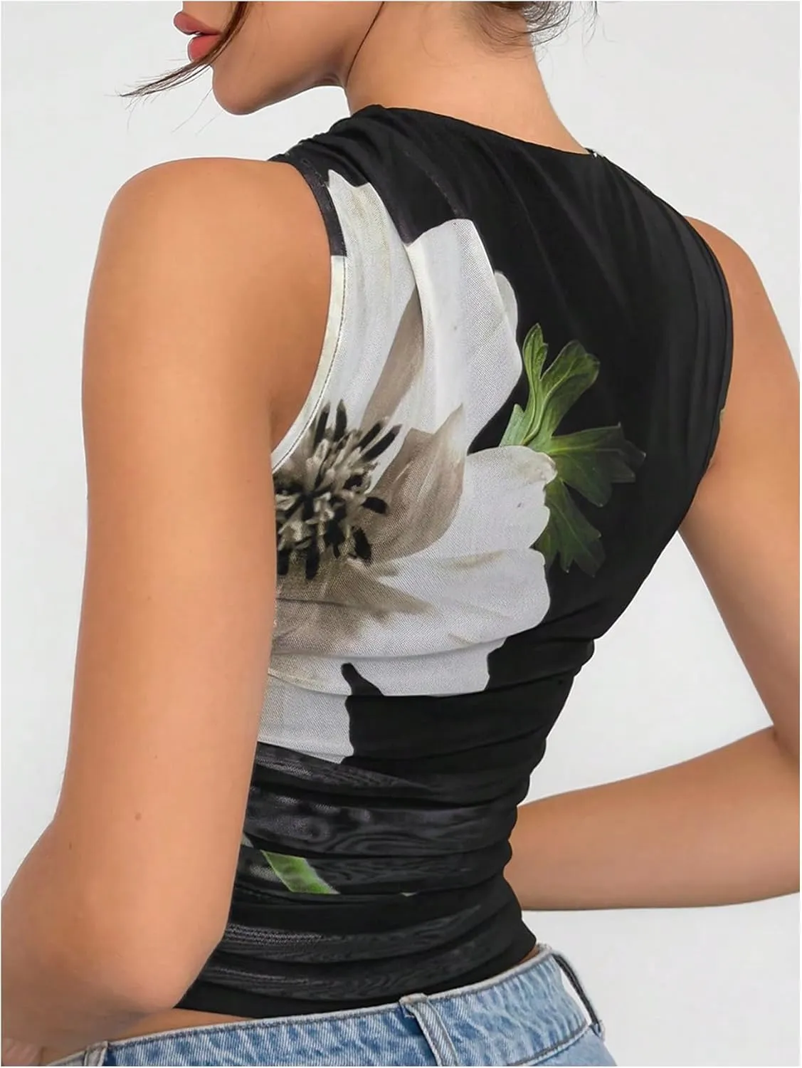Women's Floral Print Crew Neck Tank Top Sleeveless Mesh Ruched Crop Shirt