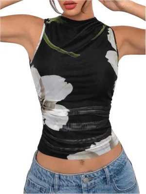 Women's Floral Print Crew Neck Tank Top Sleeveless Mesh Ruched Crop Shirt
