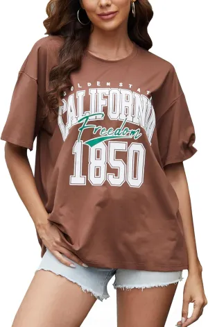 YIJIU Women's Graphic Oversized T Shirts Letter Print Short Sleeve Loose Casual Summer Tops