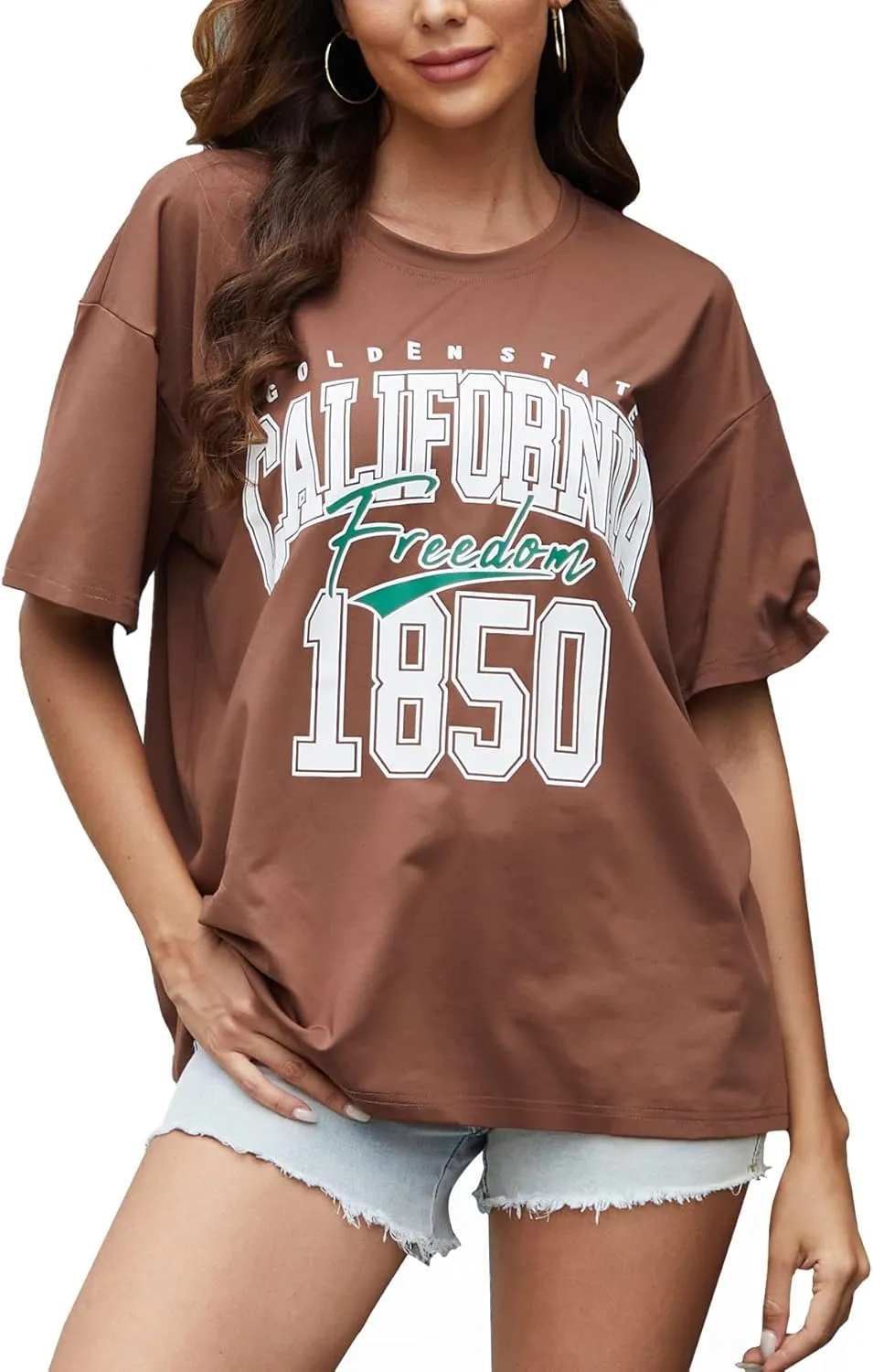 YIJIU Women's Graphic Oversized T Shirts Letter Print Short Sleeve Loose Casual Summer Tops